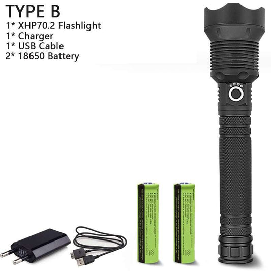250000cd powerful black tactical LED flashlight with zoom, USB charging, and two 18650 batteries