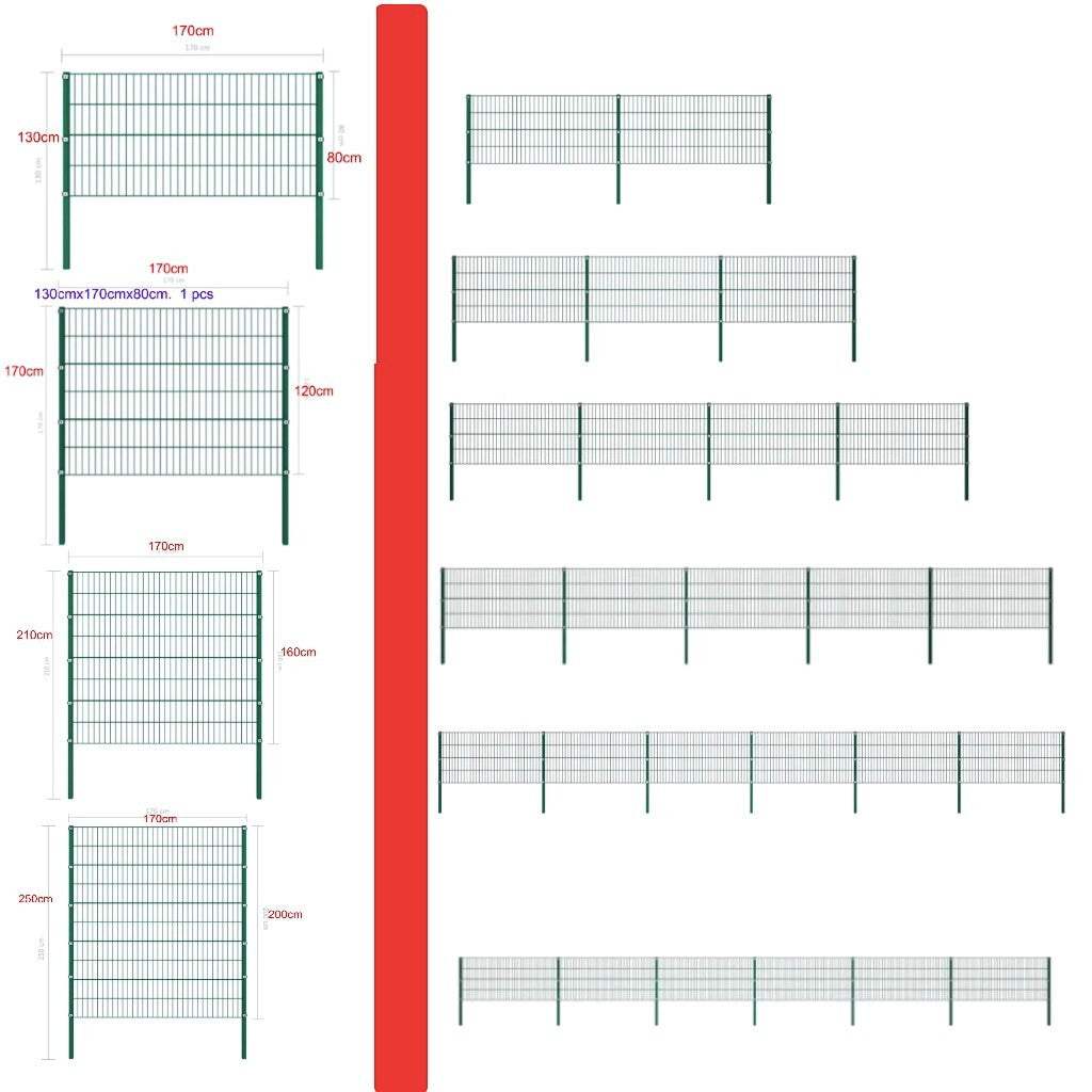 Green iron fence panel with powder-coated metal frame and detailed dimensions