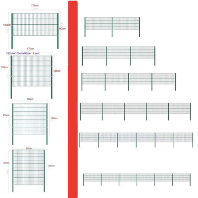 Green iron fence panel with powder-coated metal frame and detailed dimensions