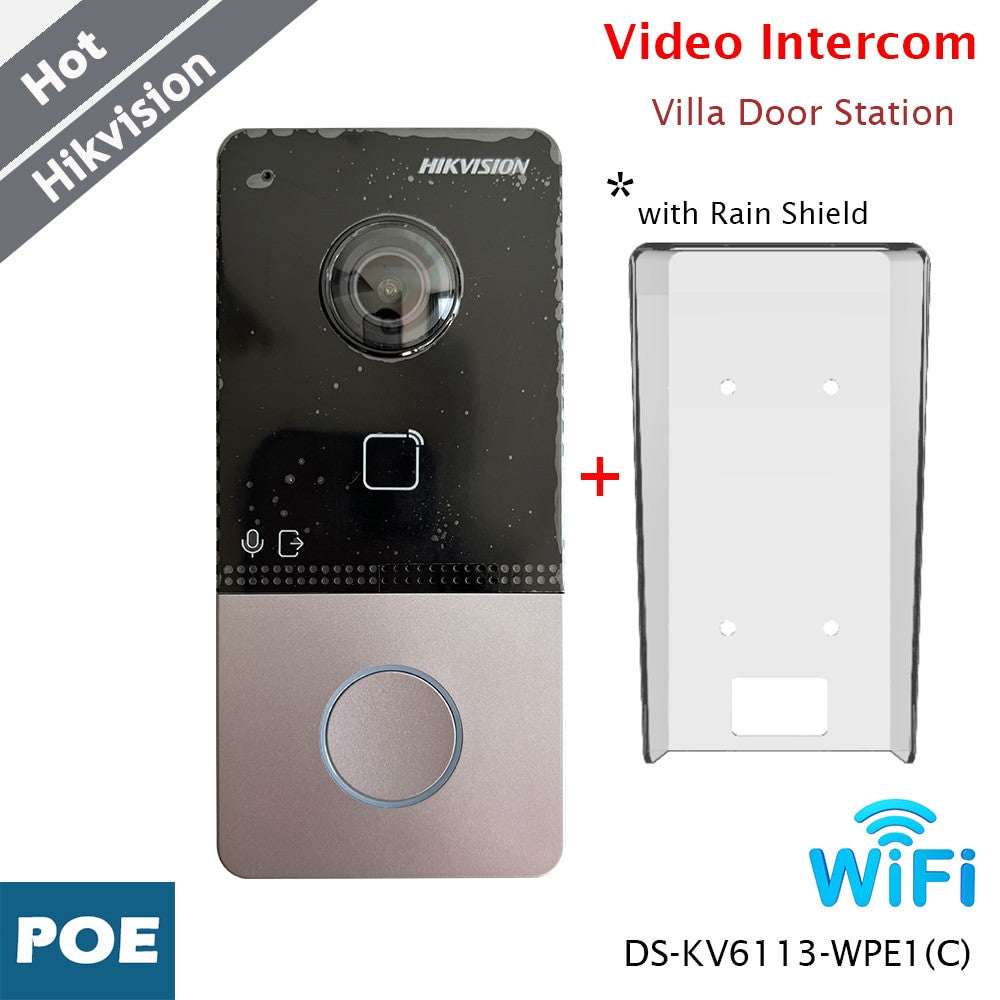 HIKVISION WiFi Video Intercom DS-KV6113-WPE1(C) with 2MP camera, two-way audio, IP65 weatherproof, and rain shield for smart villa security