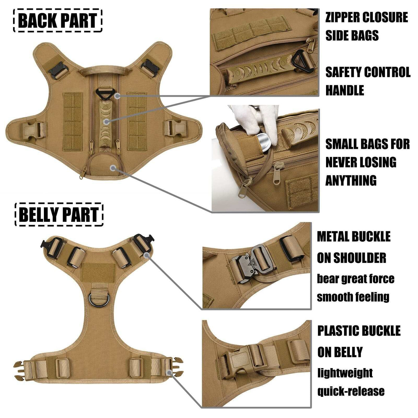 Tactical dog harness with nylon material, zipper side bags, safety handle, metal shoulder buckle, plastic belly buckle, and breakaway feature.