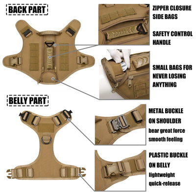 Tactical dog harness with nylon material, zipper side bags, safety handle, metal shoulder buckle, plastic belly buckle, and breakaway feature.