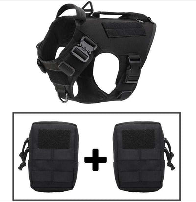 Black tactical dog harness with detachable storage pouches made of durable nylon material