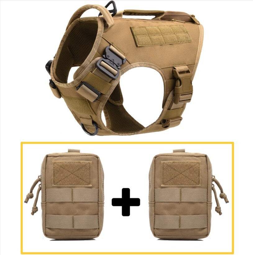 Tactical dog harness in nylon with breakaway feature and removable pouches for all-season use