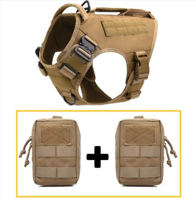 Tactical dog harness in nylon with breakaway feature and removable pouches for all-season use