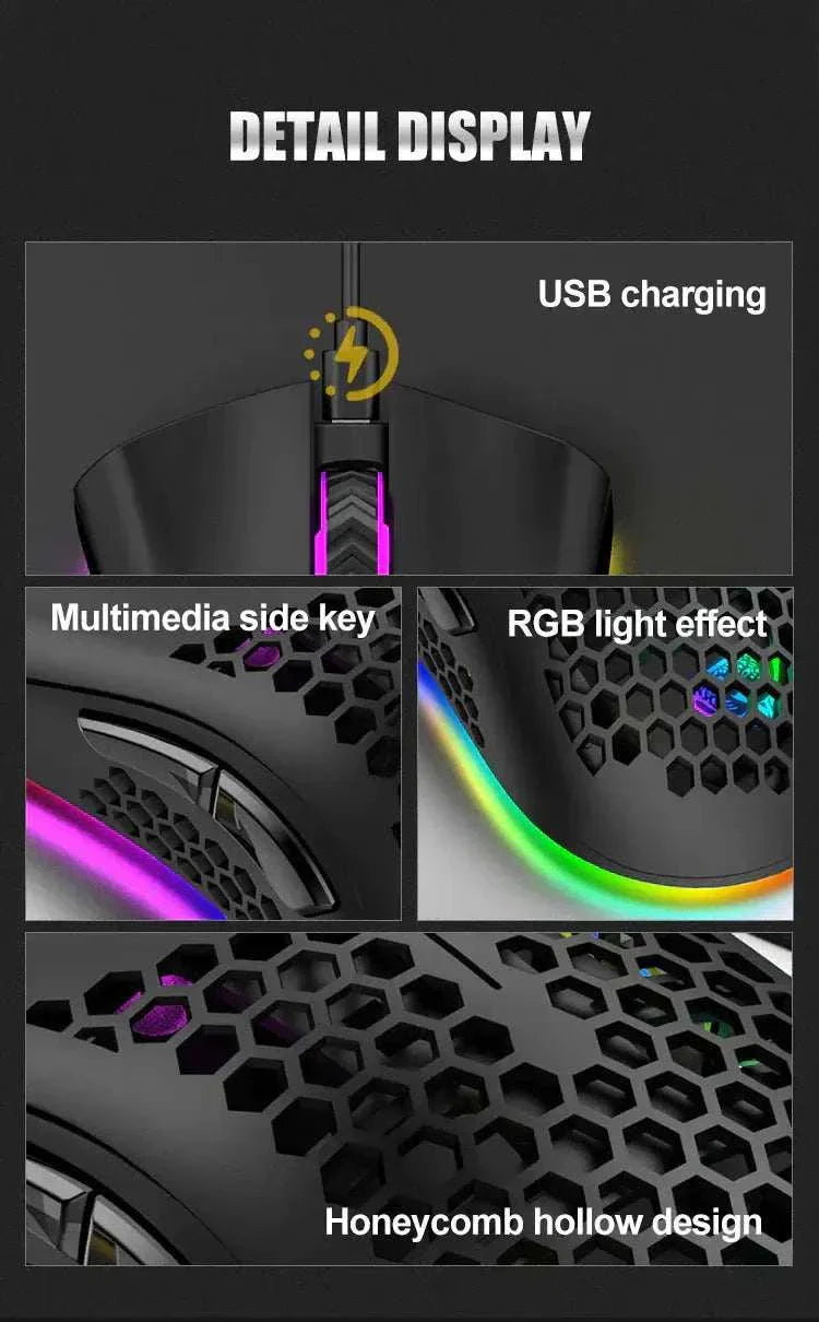 Wireless gaming mouse with USB charging, multimedia side key, RGB light effect, and honeycomb hollow design