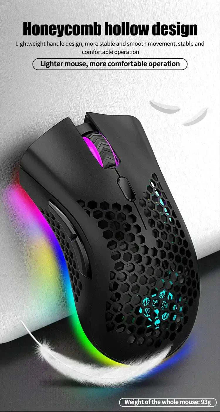 Wireless gaming mouse with honeycomb hollow design and RGB lighting
