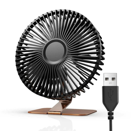 Mini powerful desktop fan with USB power, black blades, and bronze metal base for home and office use