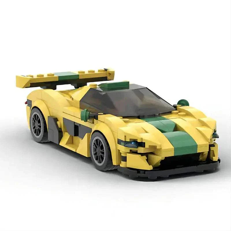 Yellow and green MOC-compatible P1 GTR Speed Series Kit LEGO supercar model on white background
