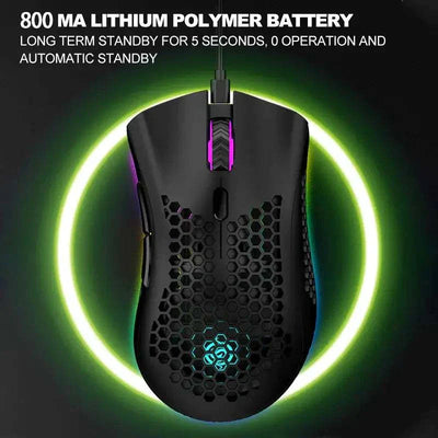 Wireless gaming mouse with ergonomic honeycomb design, RGB backlit, adjustable DPI, rechargeable battery, and 2.4GHz wireless technology.
