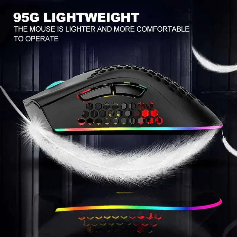 Wireless lightweight gaming mouse with honeycomb design and RGB backlit lighting