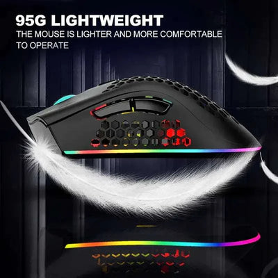 Wireless lightweight gaming mouse with honeycomb design and RGB backlit lighting