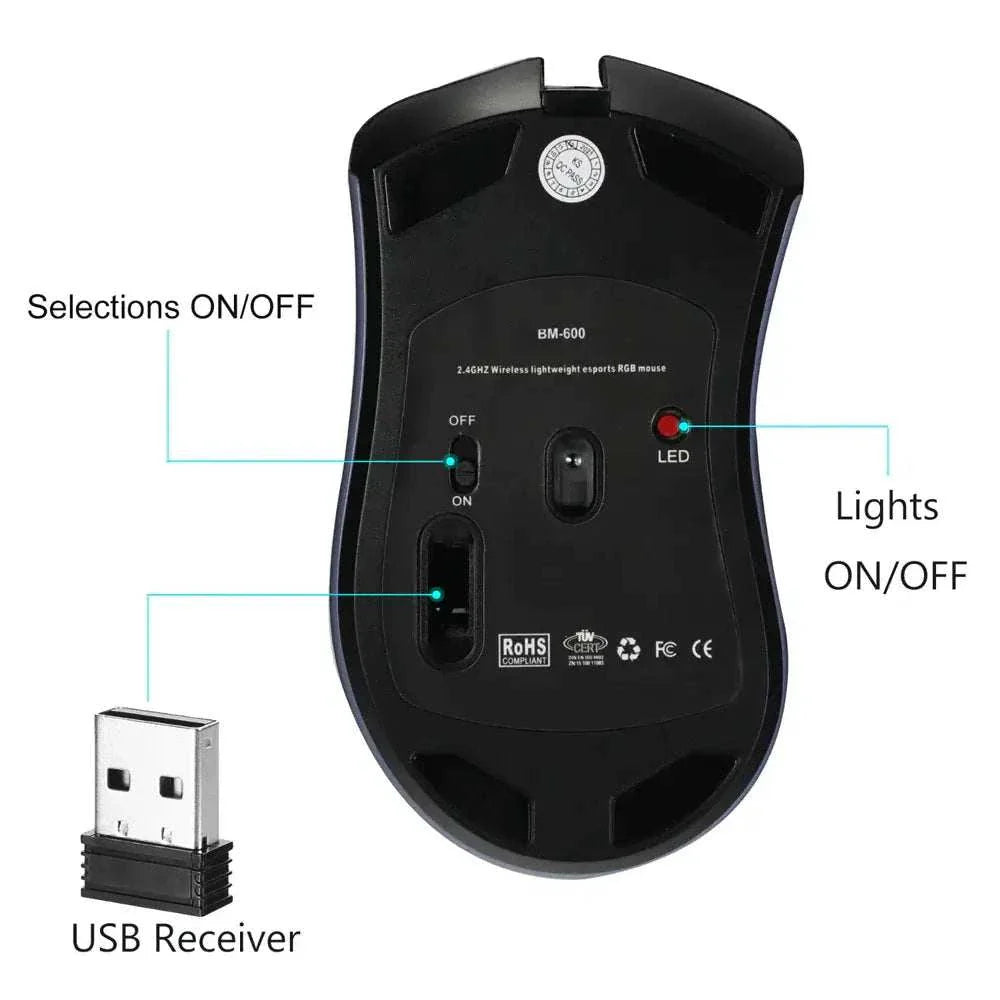 Wireless gaming mouse ergonomic honeycomb design RGB backlit adjustable DPI USB receiver