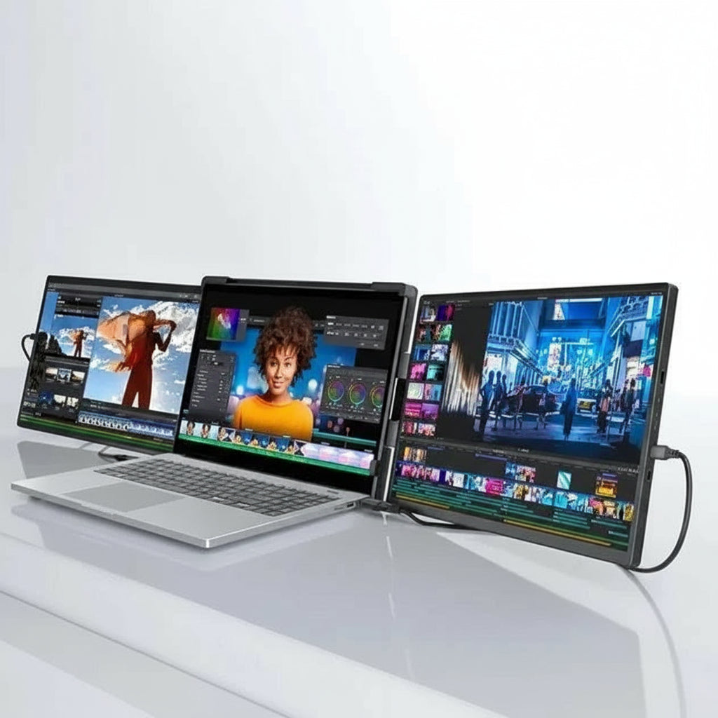 DuoFlex 14.1” Travel Monitor with 1920x1200 IPS display showing triple screen setup compatible with macOS, Windows, Android, and HarmonyOS