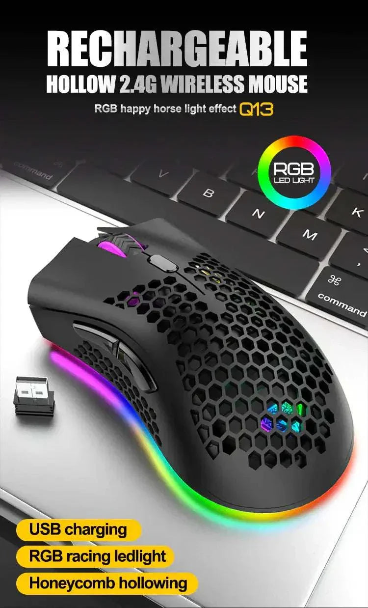 Wireless gaming mouse with rechargeable battery, honeycomb shell, RGB LED lighting, USB charging, and 2.4G wireless connectivity.