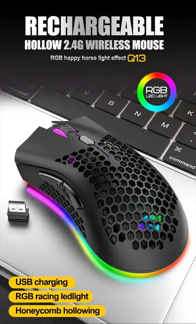 Wireless gaming mouse with rechargeable battery, honeycomb shell, RGB LED lighting, USB charging, and 2.4G wireless connectivity.