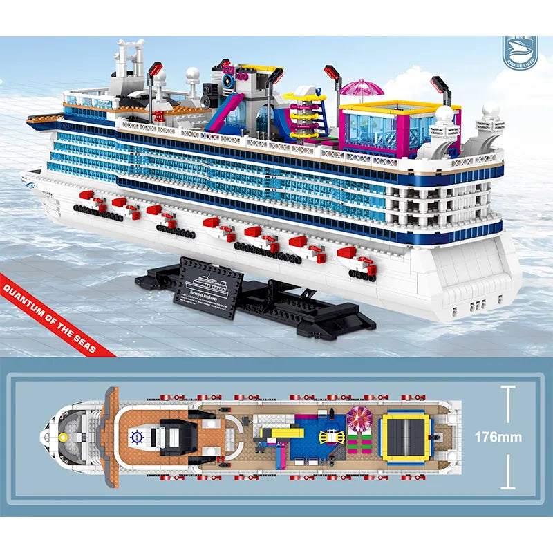 Detailed 2445-piece Cruise Liner model with multiple decks, pools, waterpark, and integrated display stand