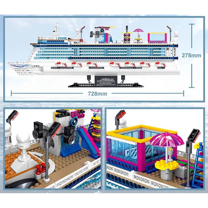 Cruise Liner 2445pcs detailed model with multiple decks, pools, waterpark, lifeboats, and integrated display stand