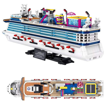 Detailed Cruise Liner 2445pcs model with multiple decks, pools, waterpark, and display stand