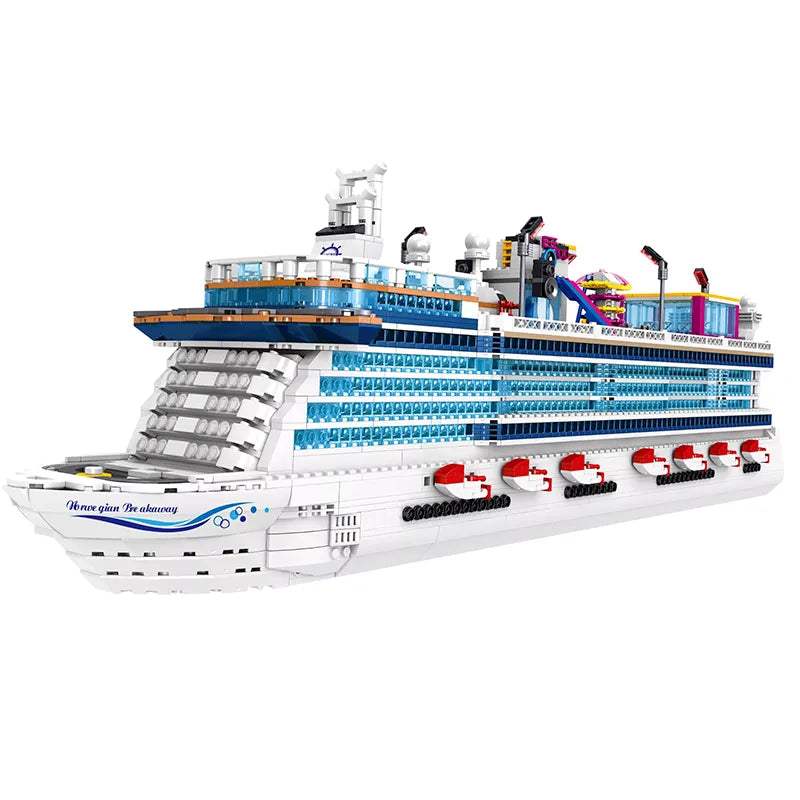 Cruise Liner 2445pcs building set with multiple decks, pools, waterpark, and detailed cabins on display stand