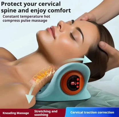 Woman using a portable neck massager for cervical spine relief and hot compress pulse massage