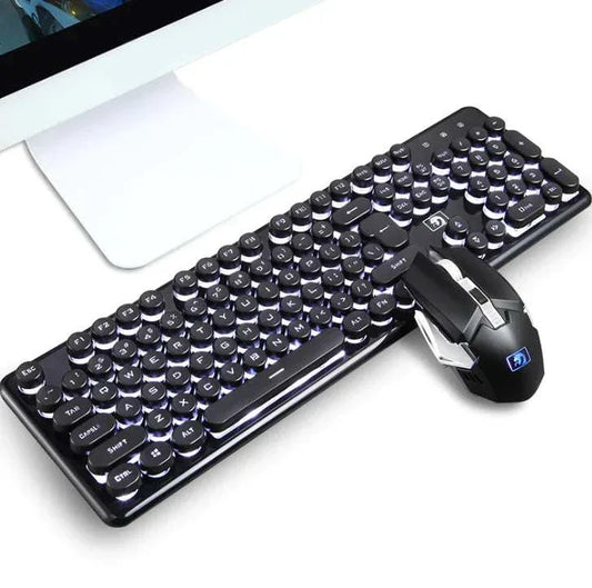 Wireless black gaming keyboard with round keys and wireless mouse set for PC