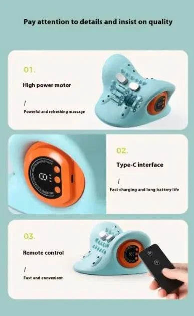Portable neck massager with high power motor, Type-C charging, and remote control for cervical spine relief and acupuncture point massage