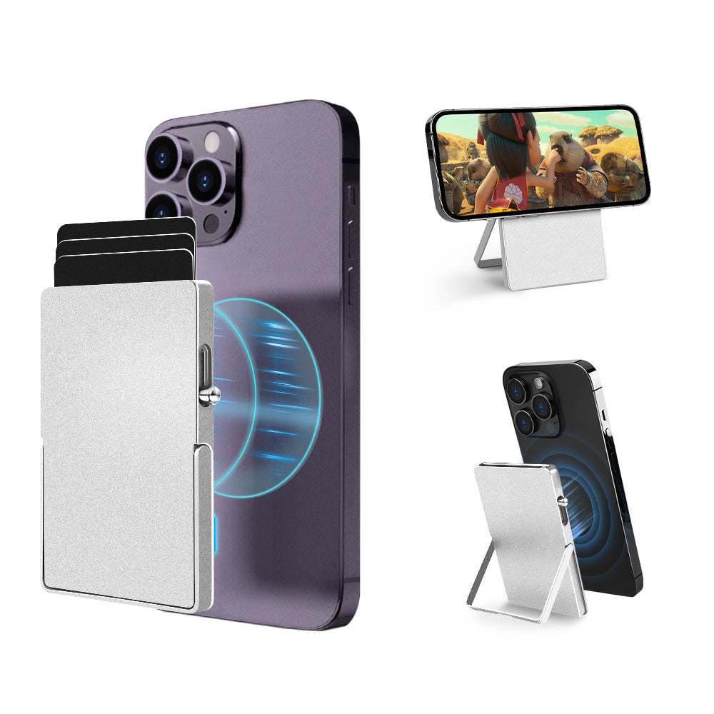 Slim metal RFID blocking wallet with magnetic card holder and adjustable stand for iPhone 12 and above