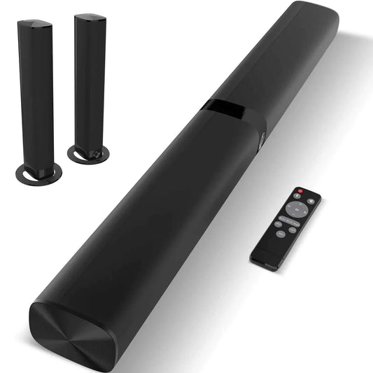 Bluetooth wireless soundbar with two detachable speakers and remote control for enhanced TV audio experience