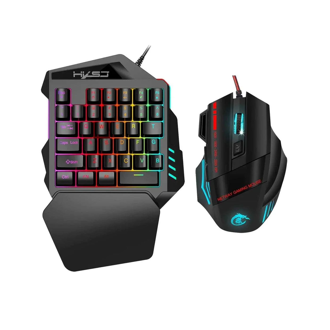 Compact one-handed mechanical gaming keyboard with RGB lighting and ergonomic wrist rest paired with gaming mouse