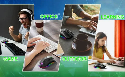 Wireless gaming mouse with ergonomic honeycomb design and RGB LED backlighting in use for gaming, office, outdoor, and learning settings