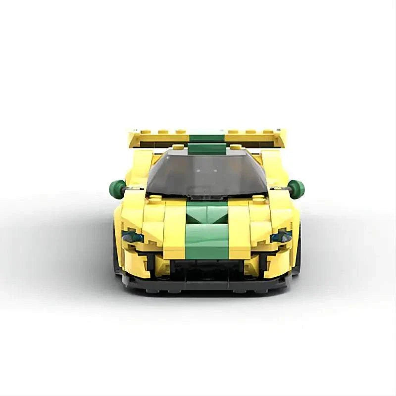 Front view of yellow and green MOC-compatible McLaren P1 GTR Speed Series Kit toy car model