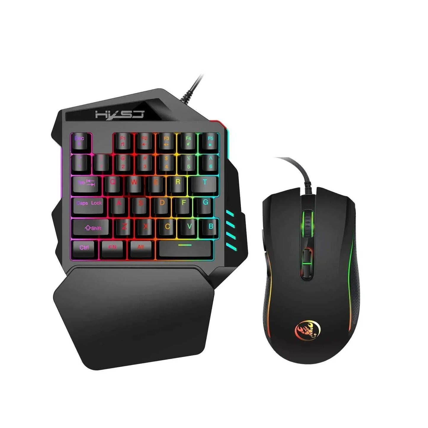 one-handed mechanical gaming keyboard with RGB lighting and ergonomic wrist rest, paired with gaming mouse
